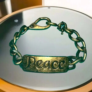 LUCKY BRAND “PEACE” Vintage Statement Chunky Rustic Gold Tone Bracelet 8 3/4"